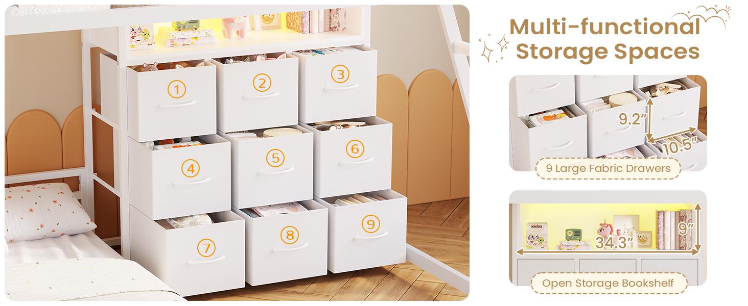 Hasuit Twin Over Twin Bunk Bed with 9 Storage Drawers, Twin Bunk Beds for Kids with LED Lights and Charging Station