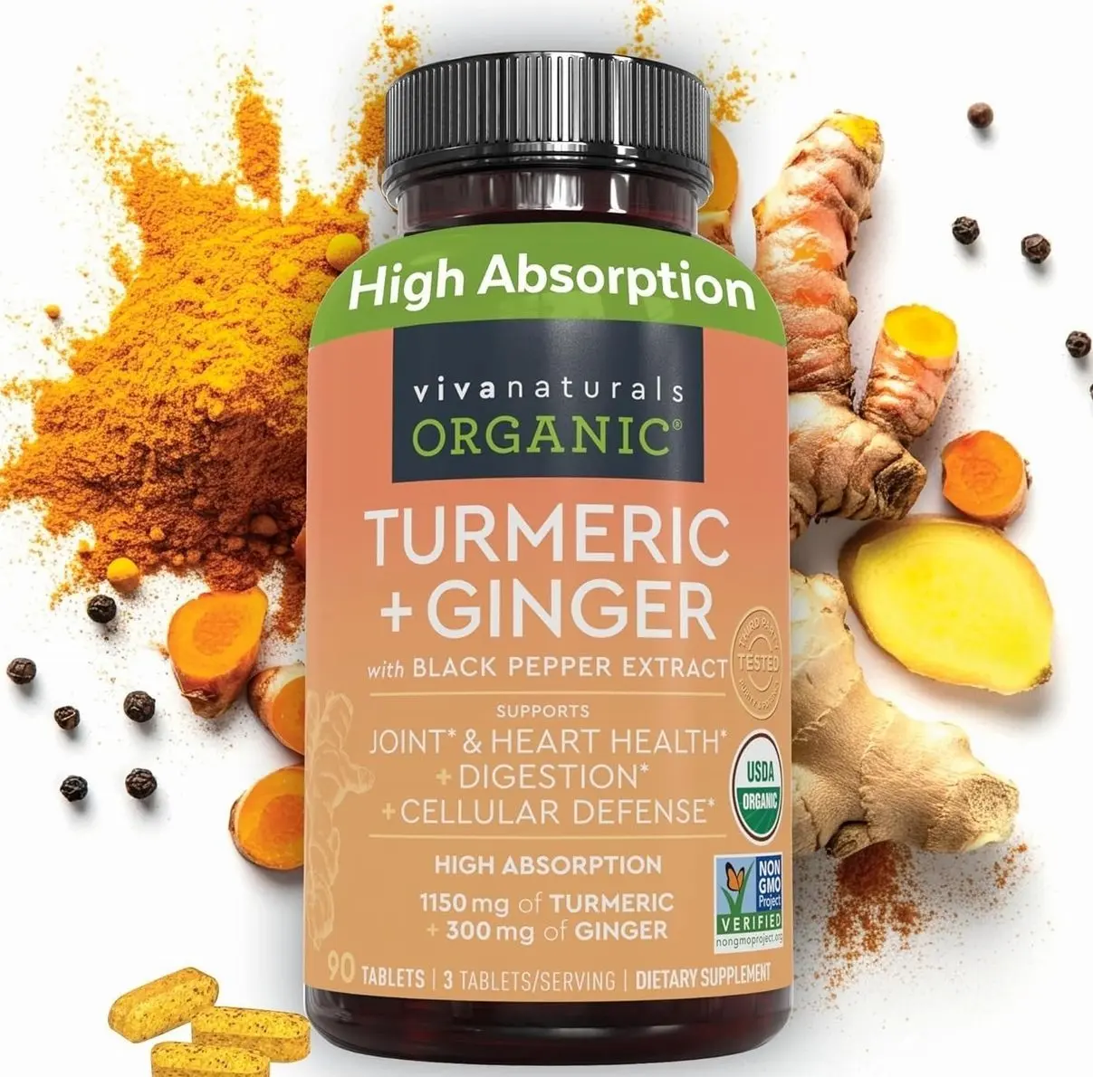 Turmeric and Ginger Supplement with Black Pepper for Better Absorption - Organic Turmeric Curcumin to Support Joint, Heart and Digestive Health, Non-GMO - 120 Tablets