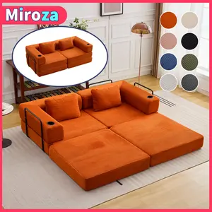 Modular Sofa bed with 2 seaters, Convertible Boneless Sleeper couches with Pillow, Corduroy folding mattress couch with Fixed-shape frame. Floor sofa lounge couch for living room bedroom lounge studio—2 package shipping