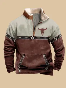 Western Fleece Jackets Men Aztec Fleece Fuzzy Pullover Winter Half Zip Stand Collar Vintage Western Sweater Pockets