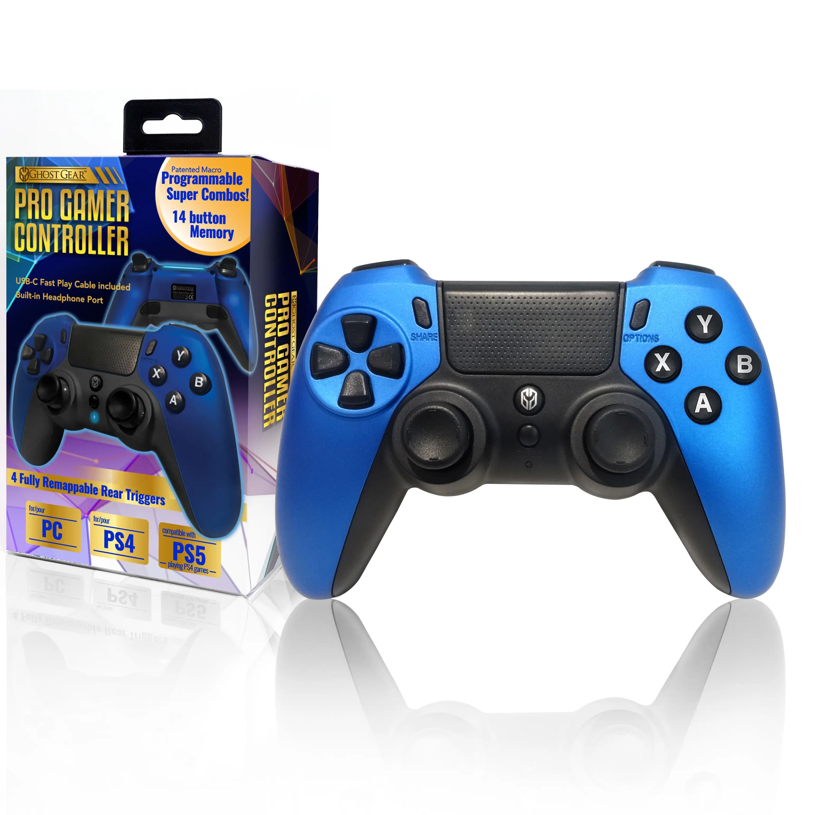 Ghost Gear PS4 Wired Pro Controller [Metallic Blue] - High-Speed USB-C, Four Programmable Rear Triggers, Zero Latency Gameplay - Made for PC/PS4/PS5 Accessories Console