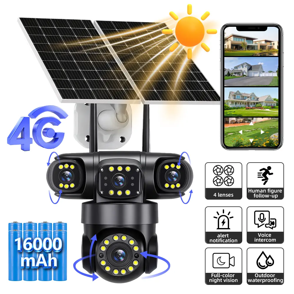 Wi-Fi Solar Security Camera, Triple Lens Outdoor, IP66 Waterproof, Built-in Battery, Color Night Vision, Two-Way Audio, PIR Human Detection