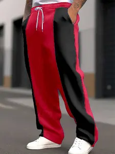 Loose Waist Running Quick-Dry Pants, Polyester Blend Fabric, Colorblock Design, Breathable and Elastic Comfort, Casual or Sports Wear