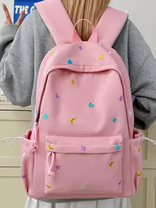 1pc  Starry Moon Love Embroidery Backpack Full Embroidery Starry Moon Love Super Vitality Cute Color Zipper Closure Fashionable and Versatile Suitable for Student Party School Super Cute Women's Backpack Casual Daypack Cute Backpacks Bookbag