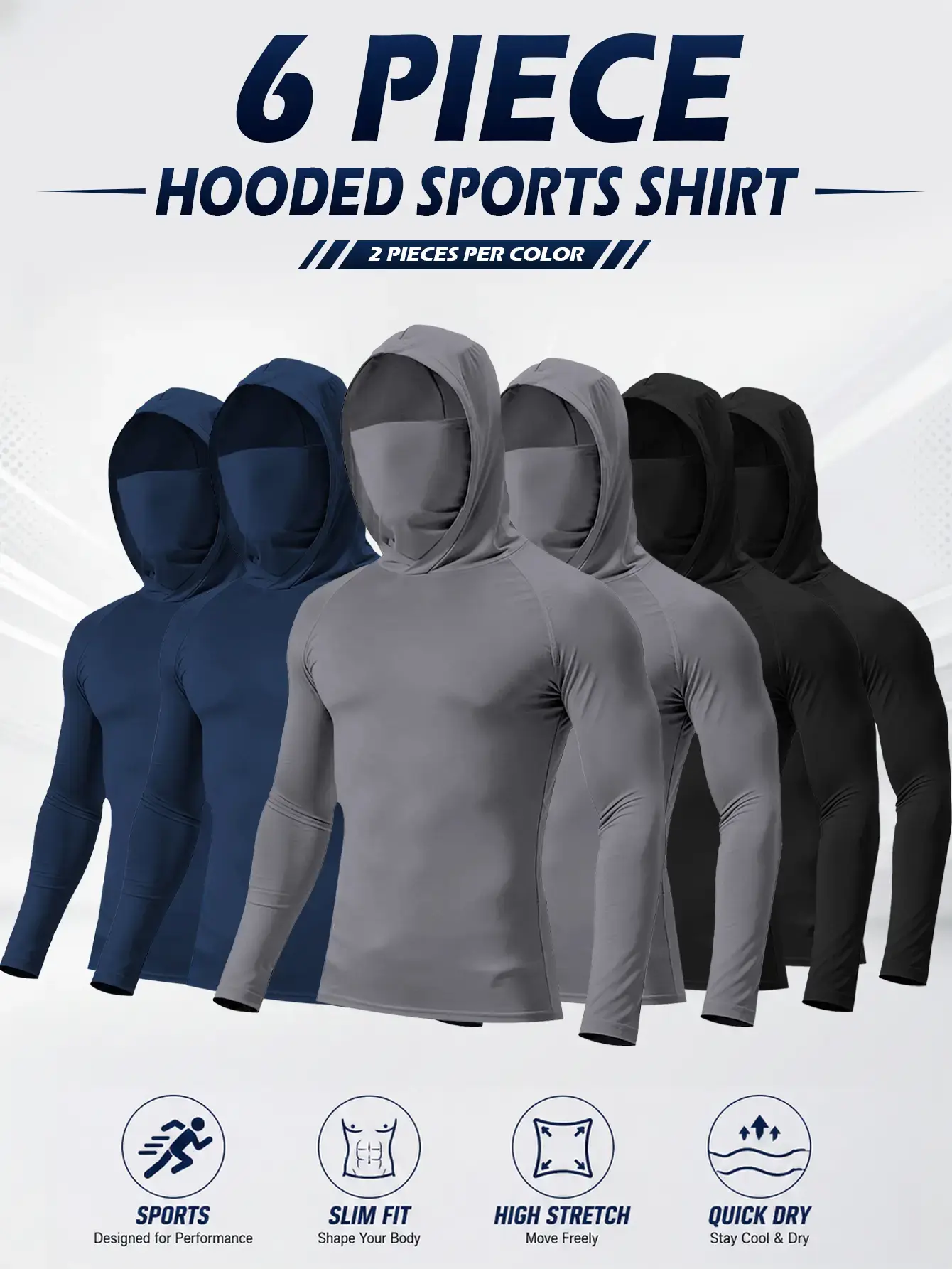 Men's Slim-Fit Athletic Long Sleeve Hoodie 3-Pack - Polyester Blend, Full Coverage Face Mask, UPF 50+, Quick-Dry, Thumbholes, Invisible Cuffs, Plain, Runs Small, Sun Protection Activewear