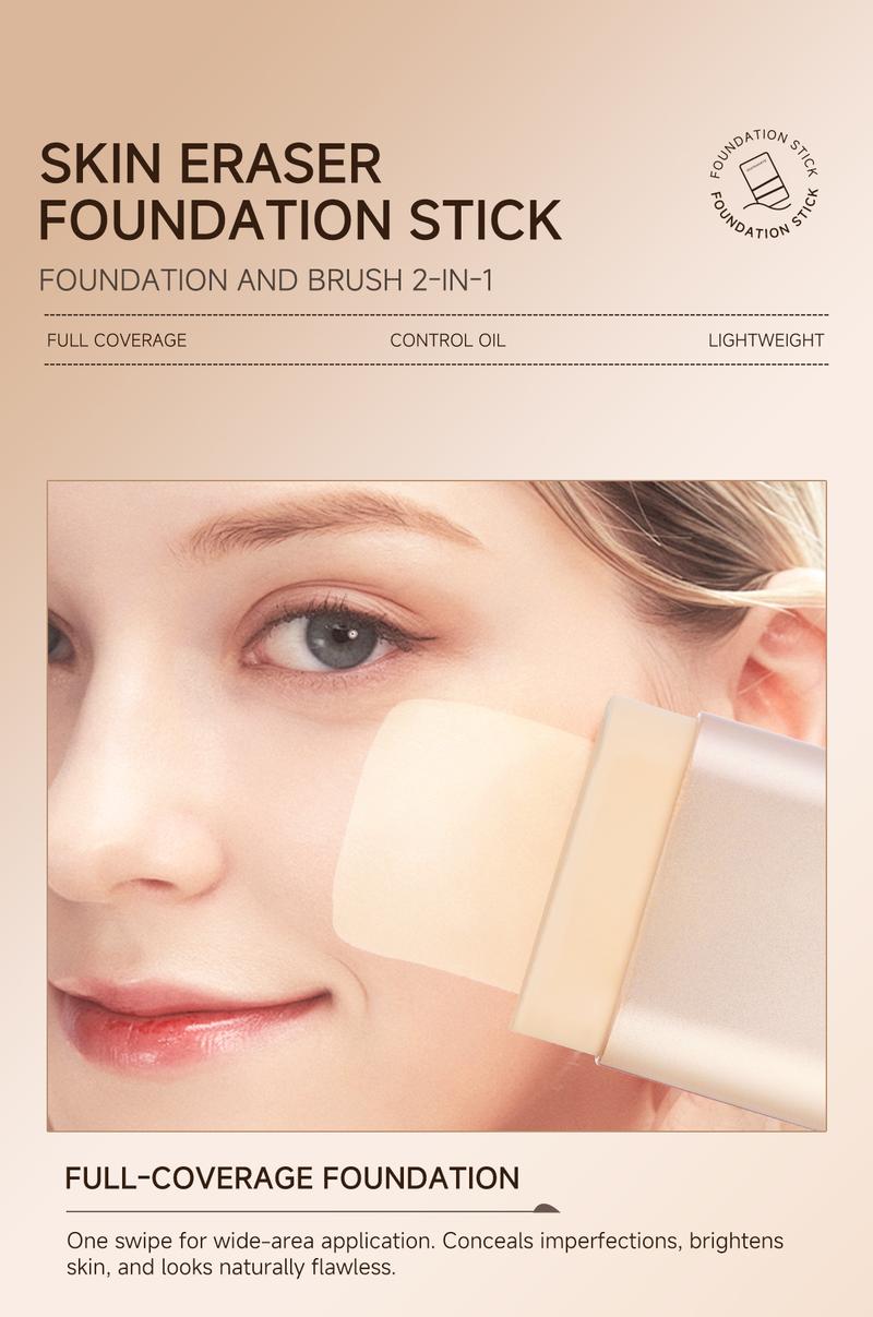 QIANWHITE Luminous Dual-Ended Concealer Foundation Stick with Built-in Brushes Complimentary Puff 24H Long-Lasting Waterproof Sweatproof One-Swipe Even Flawless Base Clear Radiant Skin Foundation Stick