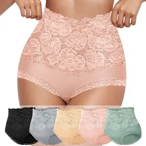 High Waist Cotton Panties for Women,5 Pcs Breathable Lace Trim Briefs,Soft Comfy Daily Wear,Elegant All Seasons Women's Underwear.