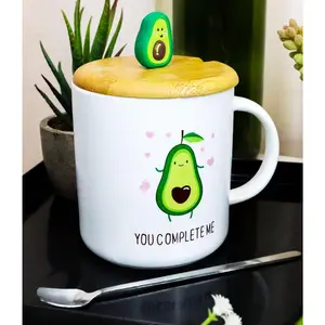 Pack Of 2 You Complete Me Avocado Hearts Ceramic Coffee Mug W/ Spoon And Lid Set