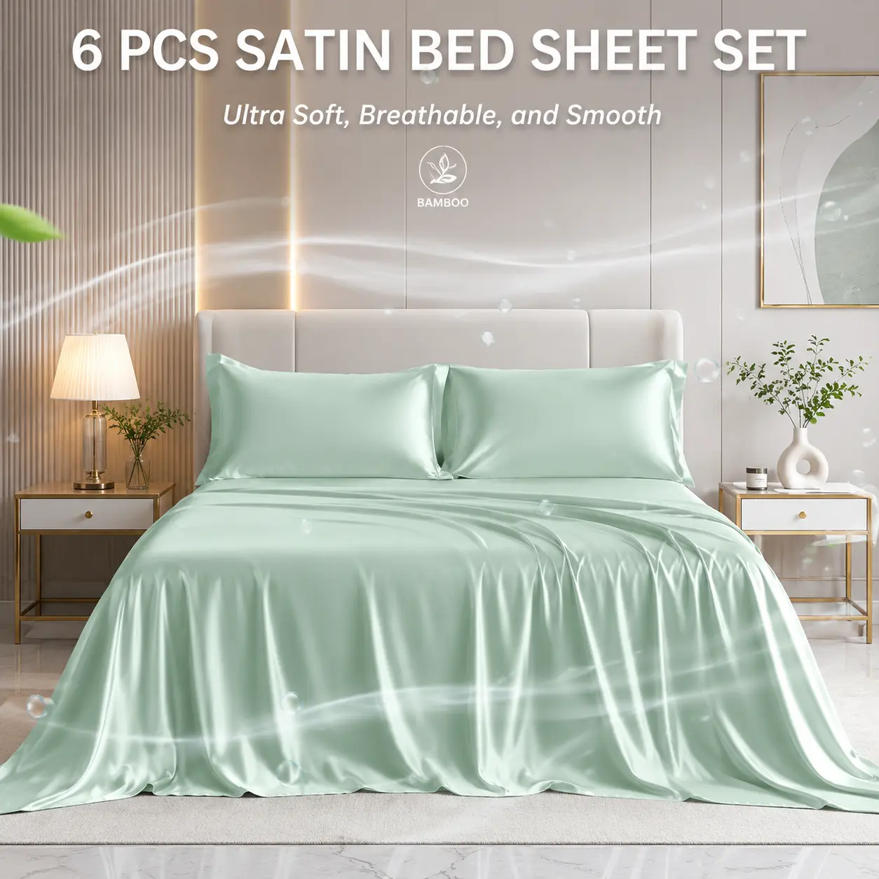 Jollyvogue Extra Deep Pocket Bamboo Sheets - 6 Pcs Breathable & Cooling Bed Sheet Set, Hotel Luxury Fitted Soft Wrinkle-Pillowcases And Breathable Night Sweats, Suitable for All Seasons,, Room Decor, Twin/Full/Queen/King Size Pillowcase Sets