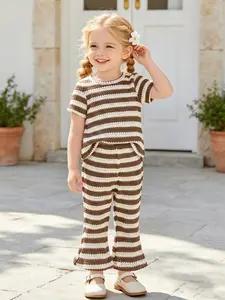 Striped Knit Set for Baby Girls, Comfortable Round Neck Short Sleeve Pantsuit, Casual and Simple Design, Ideal for Children