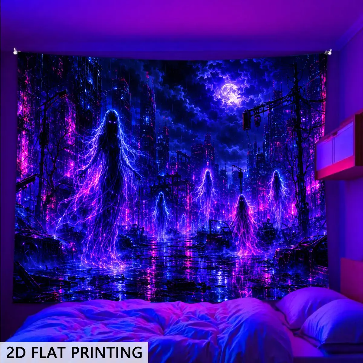UV Reactive Glow Tapestry, 2D Flat Retro Cyberpunk Ghosts Wall Hanging, Vertical Indoor Decor for Dorm Room & Themed Blacklight Parties, UV-Sensitive Home Supplies, Indoors
