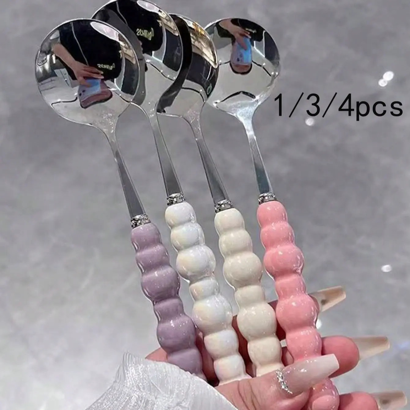 1/3/4pcs Colorful Pearl Stainless Steel Spoon, Plastic Handle, Home Use, Small Soup Spoon, Long Handle Round Spoon, Tableware Spoon, Serving Spoon