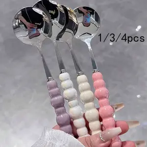 1/3/4pcs Colorful Pearl Stainless Steel Spoon, Plastic Handle, Home Use, Small Soup Spoon, Long Handle Round Spoon, Tableware Spoon