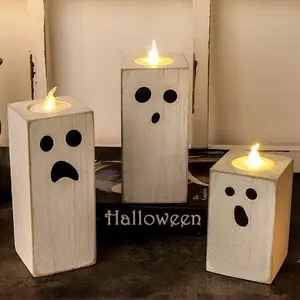 3-Piece Halloween Ghost Festival Creative Wooden Candlestick Holder Set, Perfect for Theme Party Decorations, Unique Holiday Table Centerpiece