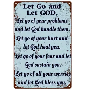 2D Flat - Vintage Metal Wall Sign - "Trust and Let Go to God" Inspirational Quote, Weatherproof & Pre-Drilled for Easy Hanging, Perfect for Home, Office, Bar, Cafe Decor, Metal Wall Art Decor