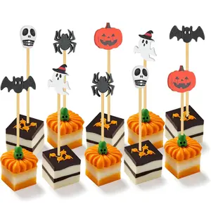 50 pcs Bamboo Halloween Picks Halloween Cupcake Toppers Toothpicks Decorations, Food Decor Cocktail Picks Skewers Sticks for Appetizers Birthday Party Favors