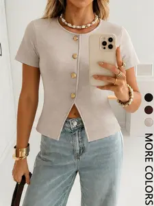 Women's Short Sleeve Knit Cardigan, Luxurious Round Neck Single Button Fitted top , European Style Commute Date, Knitwear, Womenswear