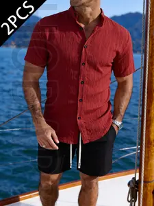 2pcs Summer Casual Men's Shirt and Shorts Set, Lightweight Breathable Button-Up Shirt, Perfect for Beach & Pool Parties