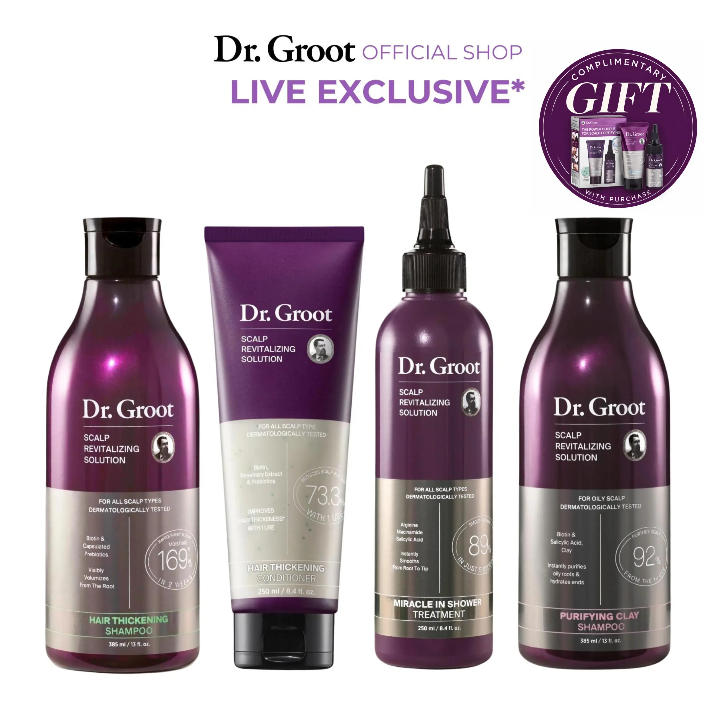 [LIVE EXCLUSIVE] Dr. Groot 3-Step Bundle + Purifying Clay Shampoo – Korean Hair Care, Hair Thickening & Scalp Detox, Biotin, Rosemary, 3-Clay Complex