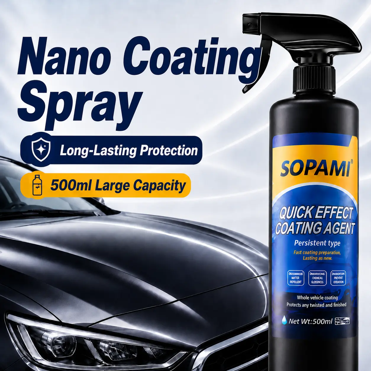 Sopami Nano-Quick Ceramic Coating Liquid (500ml) for Cars, Boats, Motorcycles - Advanced Ceramic Tech, Dustproof, Glossy Shine, Eliminate Minor Scratches, Long-Lasting Surface Protection, Water-Repel Coat, Car, Boat, Motorcycle, Surface Cleaner, Minor Swi