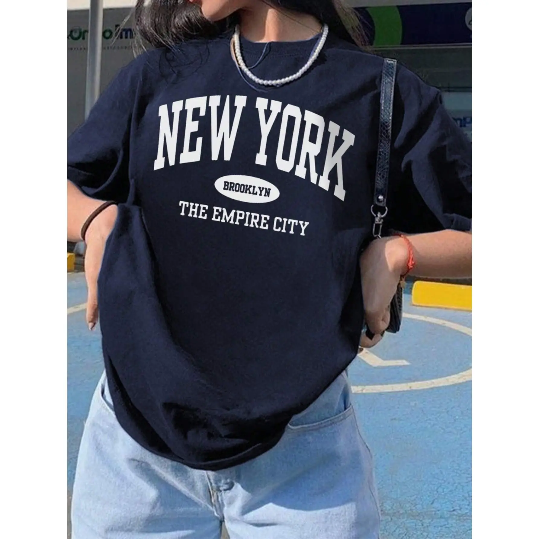 Women's Casual Short Sleeve T-Shirt - New York Brooklyn Empire City Graphic Print, Navy Blue with White Lettering, Loose Fit Round Neck Top, Breathable Machine-Washable Summer Tee, New York Short T Shirt Ladies, Casual Attire, Comfortable Fabric