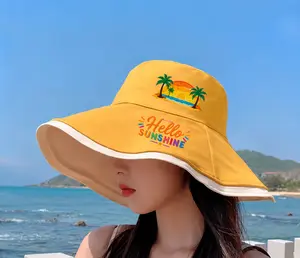 Hello Sunshine Theme Women's Wide Brim Beach Sun Hat- UV Protection Foldable Summer Travel Har