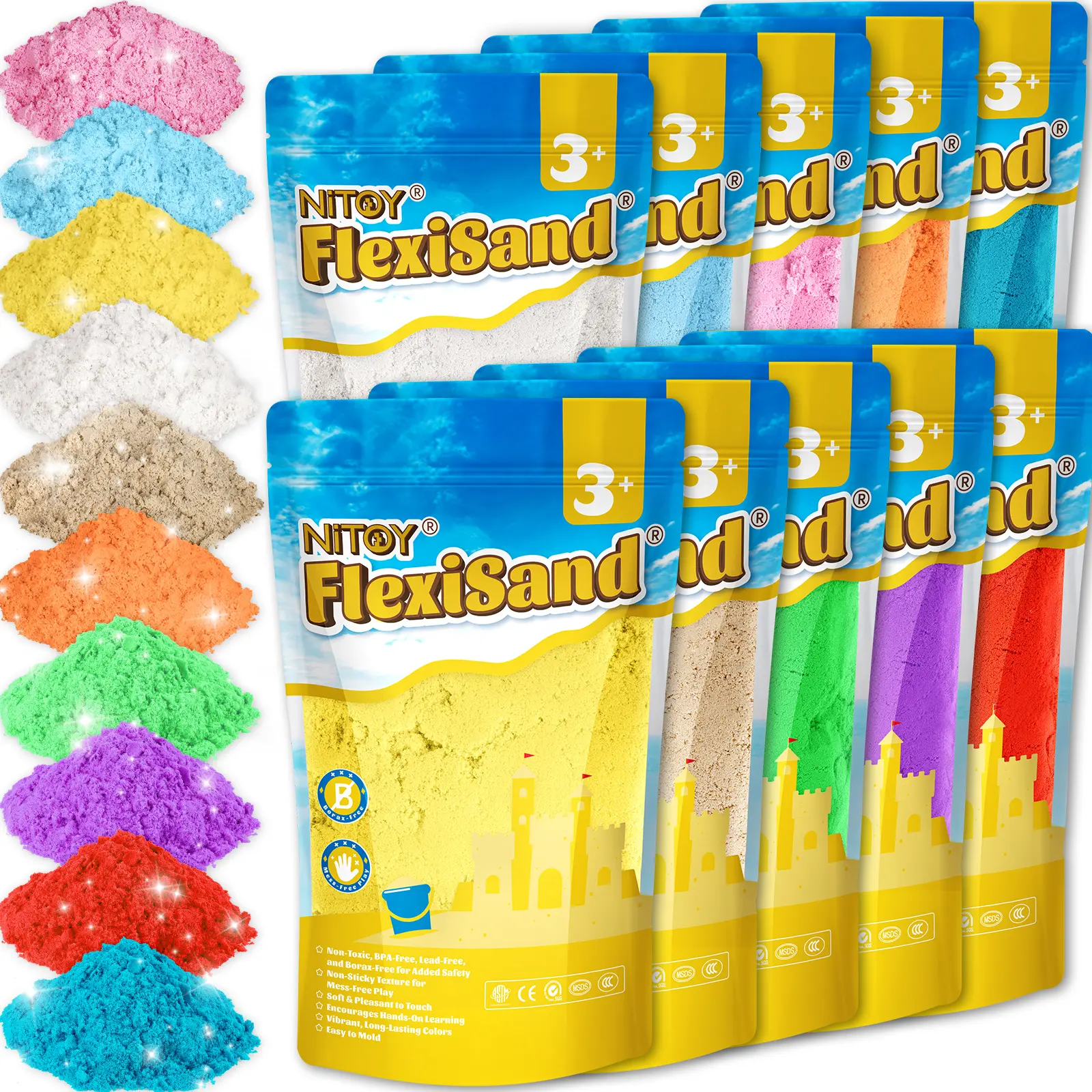 NiToy FlexiSand Value Pack - 19lbs BPA-Free Polymer Sand with Attom Tech, 10 Colors, Self-Sticking, Never Dries Out, Less Mess Sensory Bulk Refill for 3-4 Year Olds' Sandbox Toys, Aids Child Development