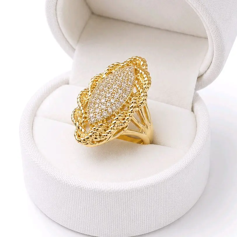 Almond-Shaped Ring with CZ Stones and Woven Design | 14K Gold Laminated