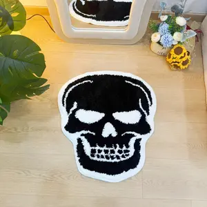 Retro Skull Shaped Rug | Black White Pixel Art Gothic Carpet for Bedroom Living Room | Soft Non-Slip Floor Mat | Edgy Home Decor Rug for Game Room Entryway | Unique Halloween Themed Small Area Rug