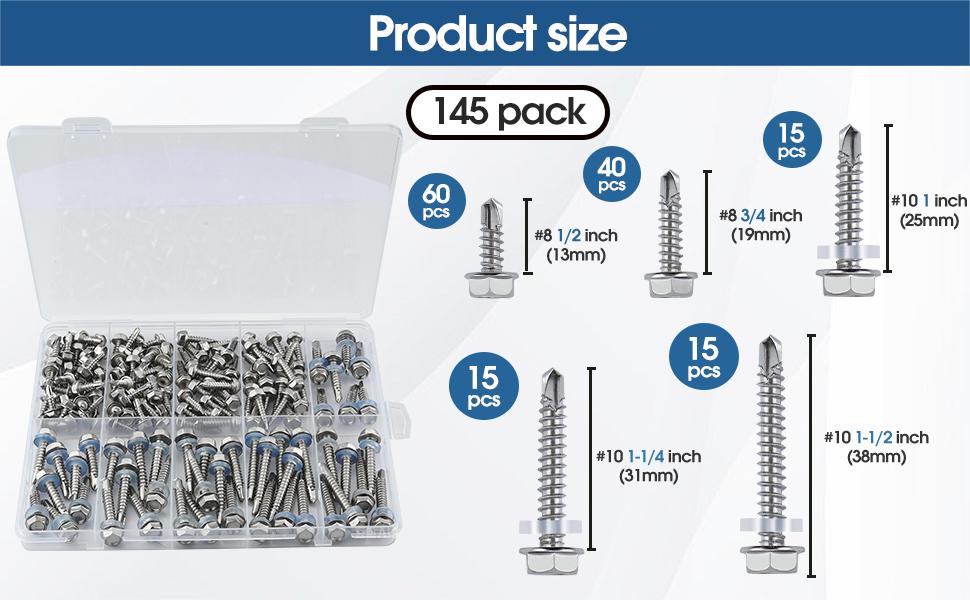 145 PCS Self Tapping Screws for Metal – 410 Stainless Steel Self Drilling Screws Kit, Multiple Sizes (#10 with Washers), Hex Head, Rust-Resistant for Wood, Plastic, Roofing, DIY Projects