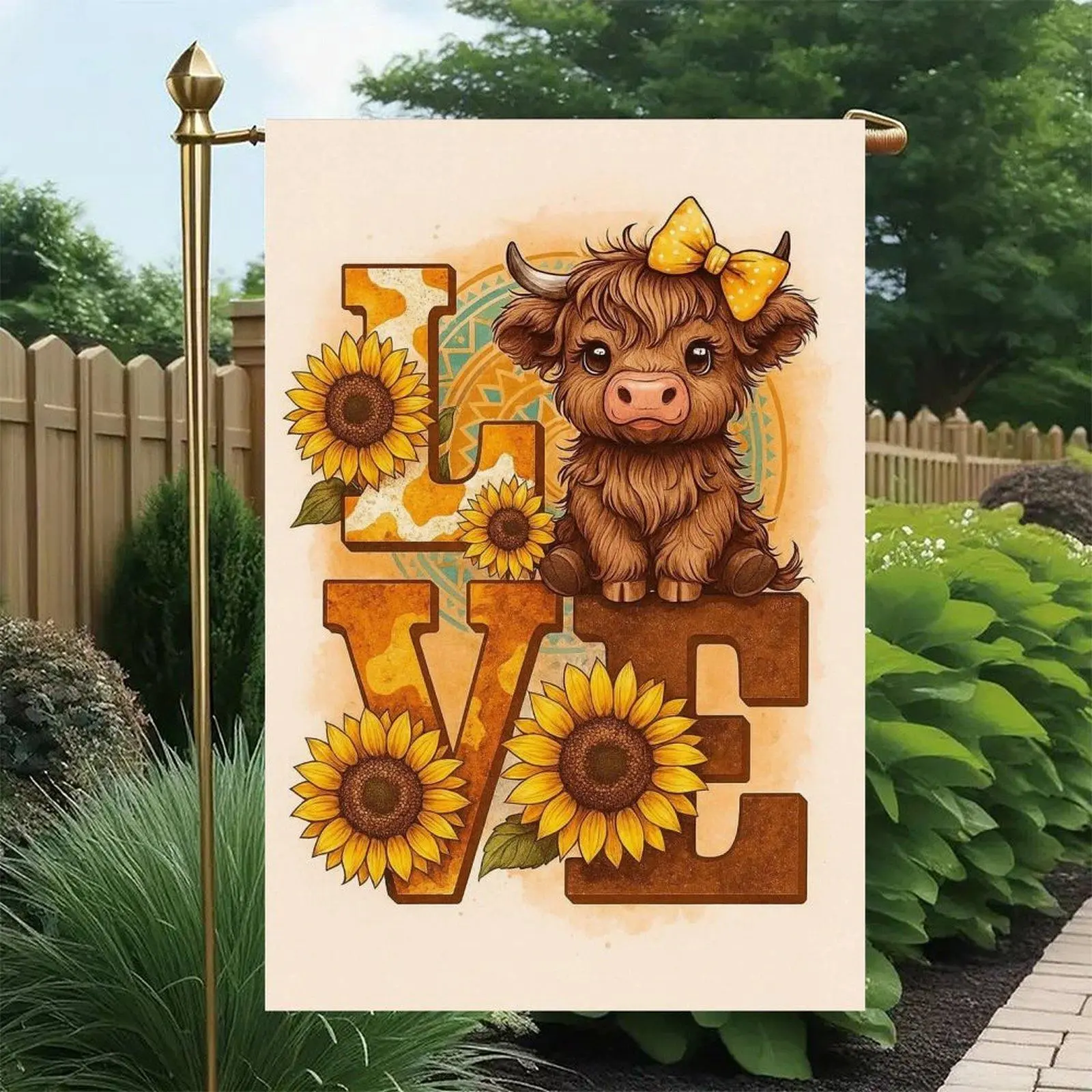 LOVE Letter Yellow Polka Dot Bow Highland Cow Sunflower Vintage Western Country Farm Garden Flag Double-Sided 12x18in, Cow Lover Farmhouse Floral Porch Sign