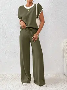 2pcs Women Loose Knit Sweater & Drawstring Pants Coordinate Set