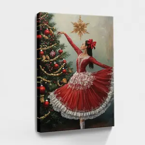 Red Mexican Christmas Decorations, Beauty And Bow Woman Dancing, Christmas Tree, Ornaments - Modern, Painting, Stylized, Harmonious Composition Style, Wall Decor Poster for Room, Wood Framed Canvas Painting Photo Ornaments Artist Gifts 1pc