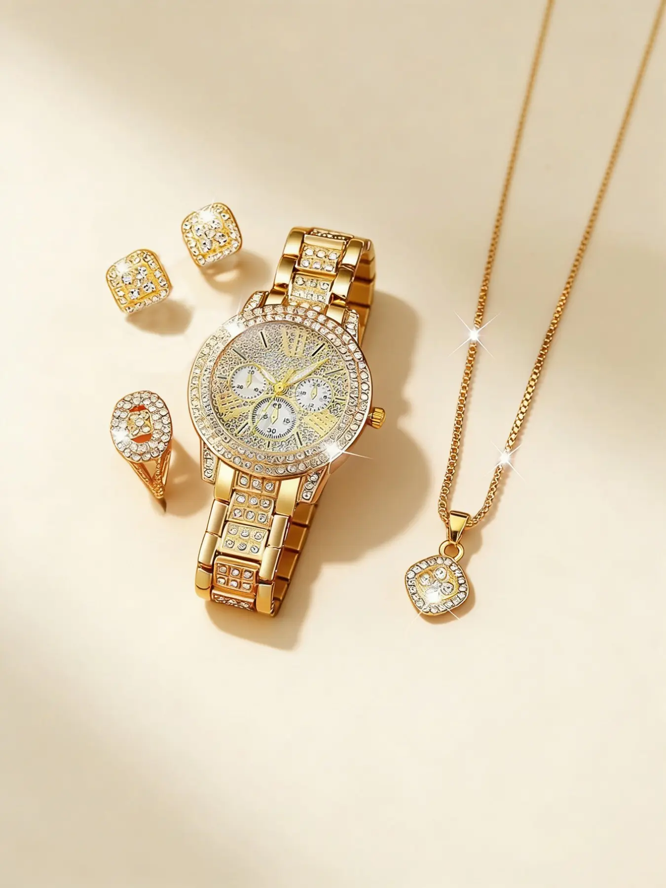 Women's Elegant Rhinestone Decorated Jewelry Watch Set, Exquisite Watch Set, Including Round Dial Analog Quartz Watch & Ring & Earrings & Pendant Necklace, Fashion Watch Set for Party, Daily Decor, Glamour Set