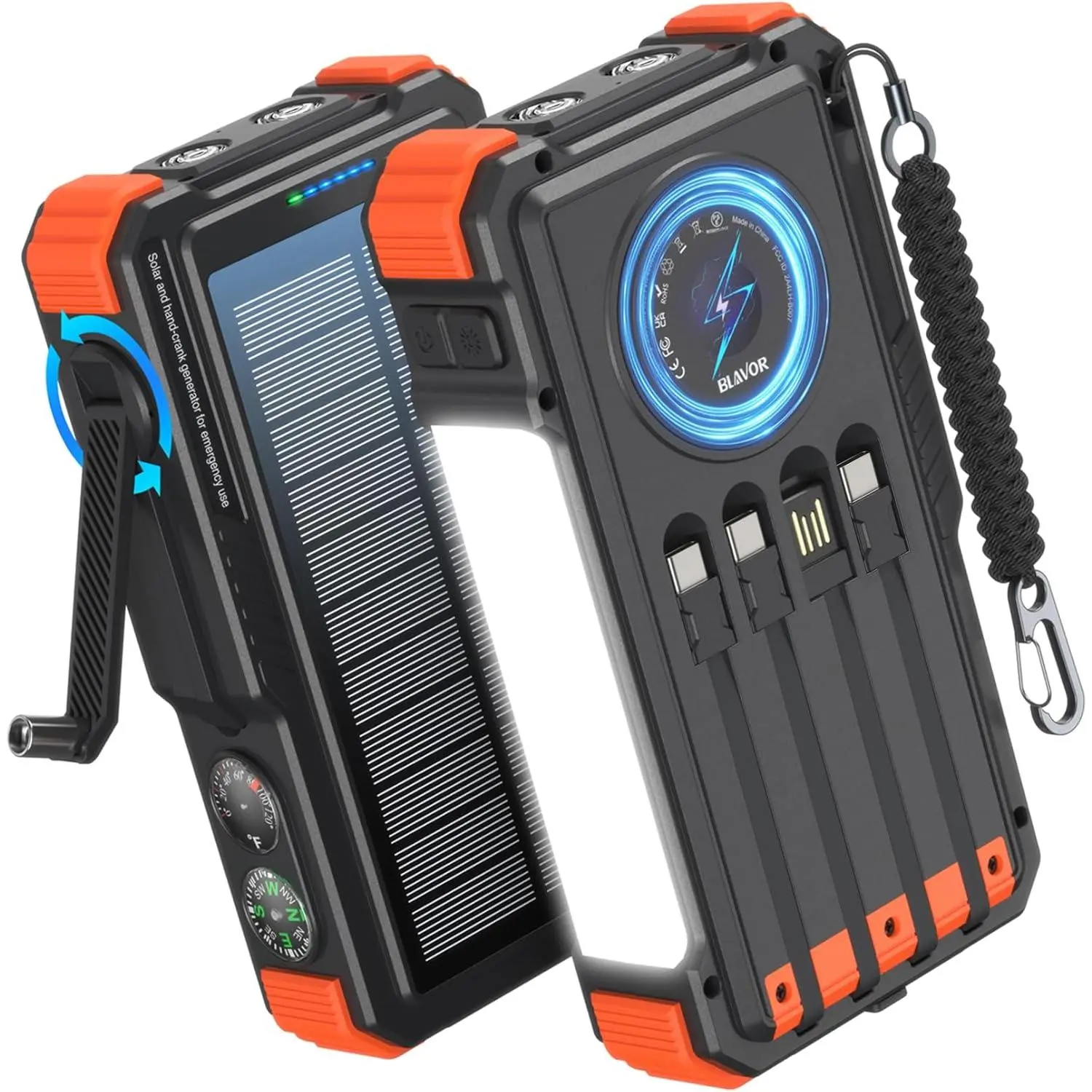 Solar Power Bank with Hand Crank and 4 Cables, 20000mAh Wireless Portable Charger with USB C & Camping Light, 20W Fast Charging Battery Pack for iPhone, iPad, Samsung, All Mobile Phones