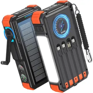 Solar Power Bank with Hand Crank and 4 Cables, 20000mAh Wireless Portable Charger with USB C & Camping Light, 20W Fast Charging Battery Pack for iPhone, iPad, Samsung, All Mobile Phones