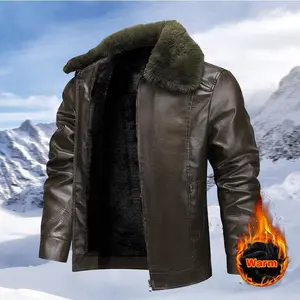 Winter men's wool lined leather jacket with flexible cuffs, elastic sleeves, detachable leather collar, perfect for casual outingsRAIMENTRY