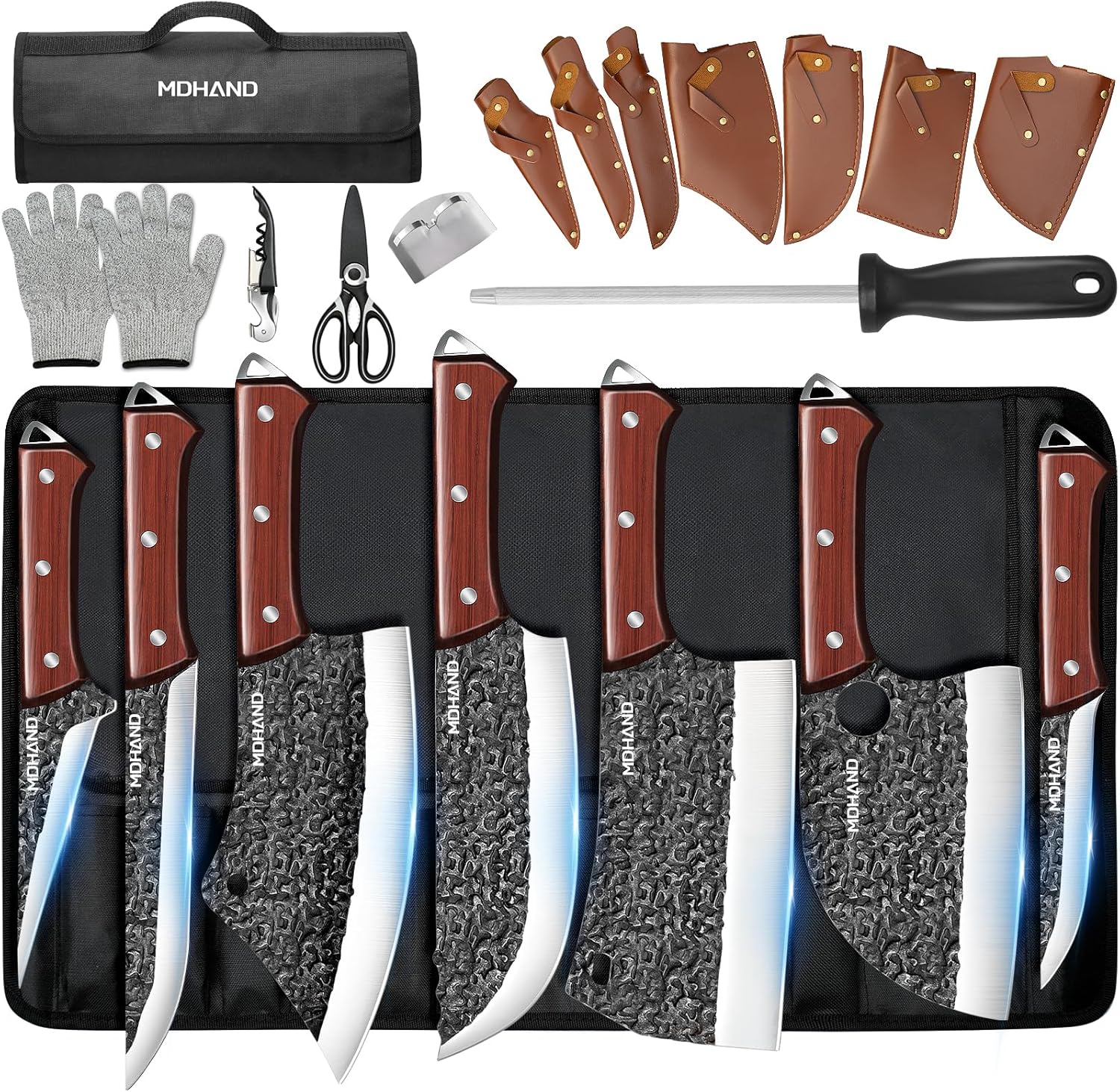 MDHAND Kitchen Knife Set, 14PCS Butcher Cleaver Knife Set High Carbon Steel for Meat Cutting Serbian Chef Knife Viking Boning Cleaver with Sheaths for Kitchen Outdoor BBQ Camping