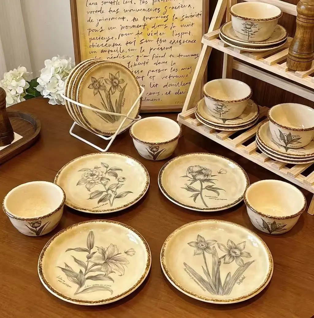 Vintage Floral Ceramic Bowls & Plates  French Country Cream Glaze Decor for Home & Office