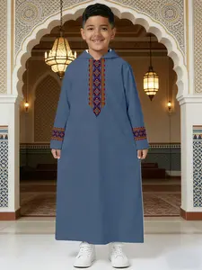 Boys Hooded Thobe with Colorful Palestinian Tatreez Embroidery, Middle Eastern Islamic Jubba for Kids (Blue)