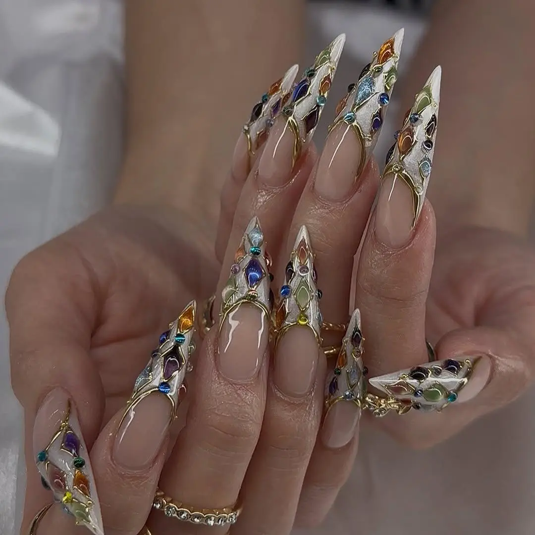 [FLASH SALE 50%] Luxury Stained Glass Press On Nails | Gold Frame Mosaic Design | Elegant Statement Set