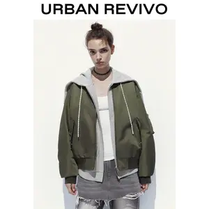 URBAN REVIVO Women's Longsleeve Full-Zip Bomber Jacket - Stylish Outerwear, Flattering Fit, Functional Zippers, Everyday Casual Wear, 1-Piece Coat, Style, UYL150113