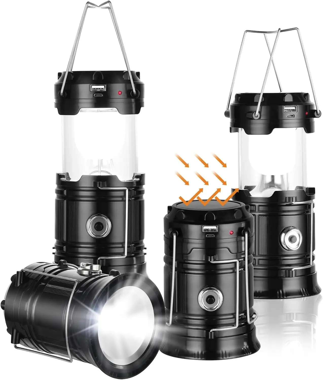 4-Pack ABS Solar Powered Collapsible Portable LED Camping Lantern Flashlight, 1600mAh Solar & USB Dual Rechargeable IP68 Waterproof Anti-Aging 360° Full Illumination Emergency Hanging Survival Lamp for Camping, Power Outage, Indoor & Outdoor Use