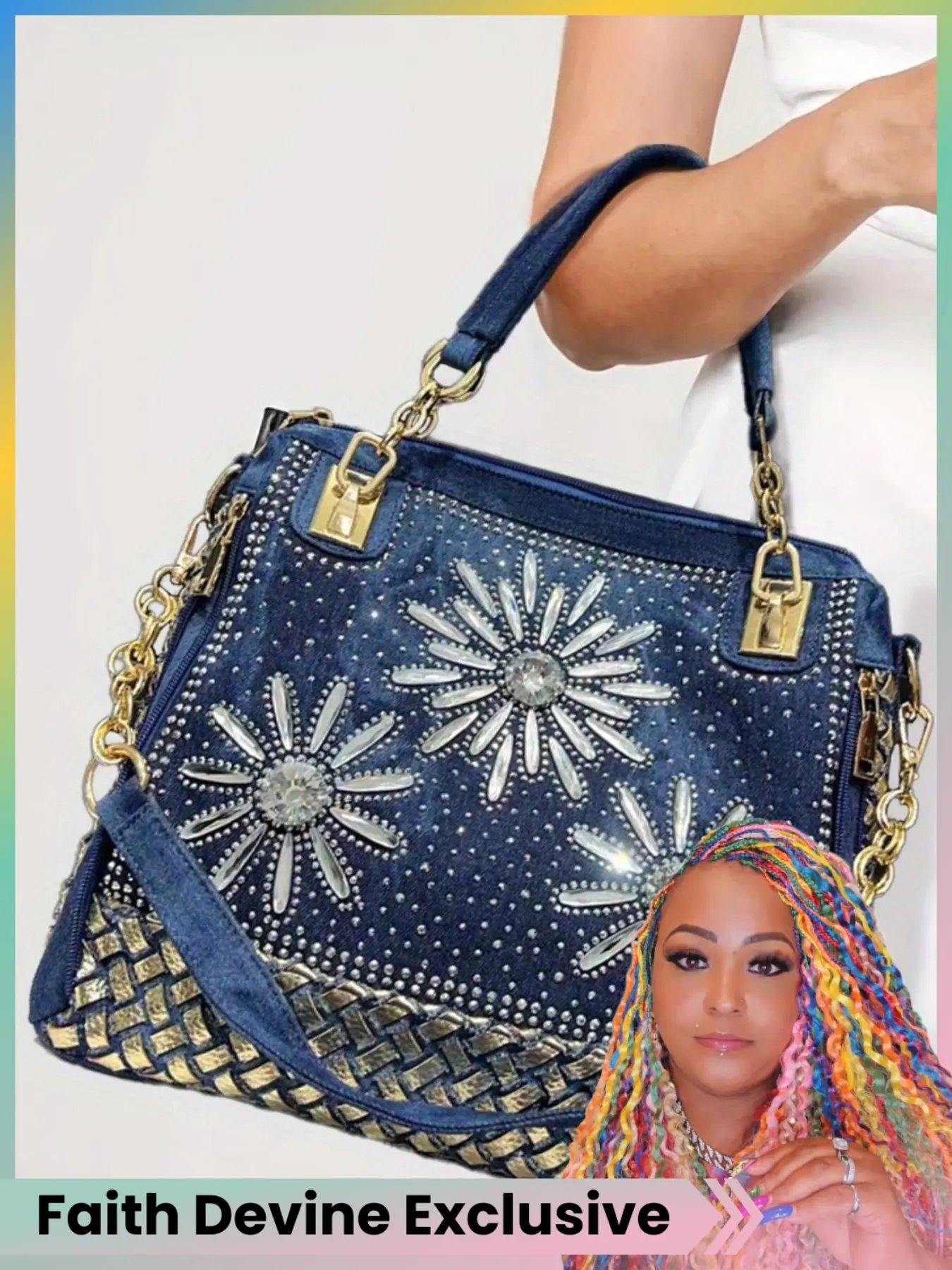 Faith Devine Exclusive Ladies' fashionable diamond inlaid floral woven handbag with large capacity gradient diamond decoration square shoulder crossbody bag, detachable shoulder strap - stylish Y2K design, suitable for work, commuting, and gatherings