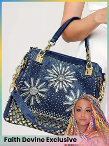 Faith Devine Exclusive Ladies' fashionable diamond inlaid floral woven handbag with large capacity gradient diamond decoration square shoulder crossbody bag, detachable shoulder strap - stylish Y2K design, suitable for work, commuting, and gatherings