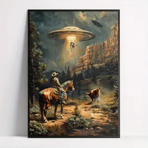 1pc UFO Alien Cowboy Western Landscape Art Print Poster, less Canvas Wall Hanging Decor for Home Office Bedroom Living Room Kitchen Corridor Bathroom Hotel Bar Coffee Shop, Ink Artwork, Indoor Use, Space Room Decor