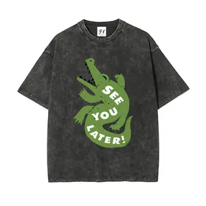 SEE YOU LATER! Green crocodile silhouette Playful Unisex Plus Size Summer Graphic Tees Personalized Pattern Y2k Clothing Round Neck Short-Sleeved Washed T-Shirt,Women's Clothing 100% Cotton, Menswear, Top, Vintage Style, Casual Oversized
