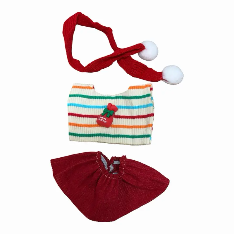 Christmas Doll Outfit, Kawaii 3-Piece Knitted Set with Striped Sweater, Ribbed Skirt & Scarf for 15-17cm Unisex Dolls, Pom Poms, Knitwear, Holiday Display, 3-Piece Outfit, Doll Lovers