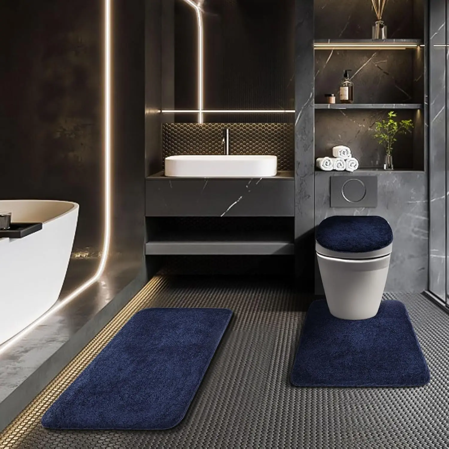 Bathroom Rugs Sets 3 count with Adjustable Toilet Seat Cover 17.5"x 15" Machine Washable Bath Rug Set with TPR Non Slip Rubber Backing Solid Bath Mat Set for Luxury Bathroom Decoration