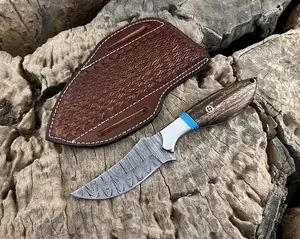 Handmade Damascus Hunting Knife 8" Cowboy Bull Cutter Bushcraft Camping Knife w Leather Cross Draw Sheath Glow Resin Rosewood Handle